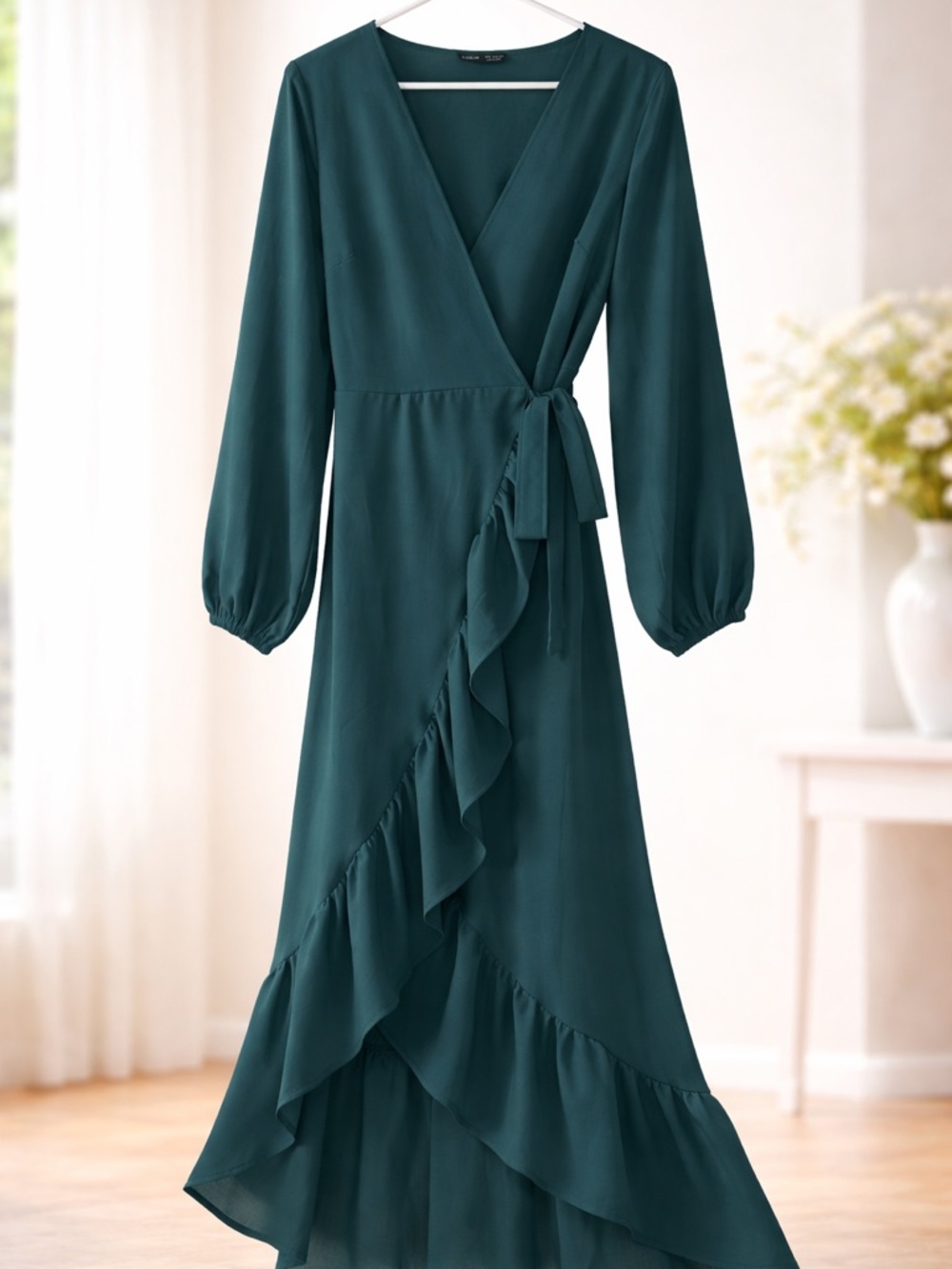 SHEIN Teal Ruffle Wrap Midi Dress